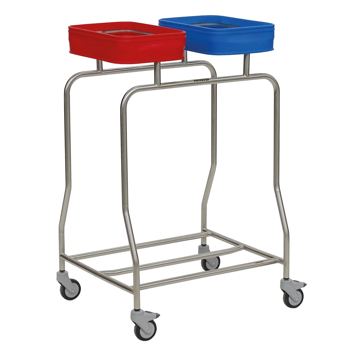 A Novocal rozsdamentes acél "Kompakt" dupla szennyesgyűjtő stabil rozsdamentes acél vázzal rendelkezik, négy kerékkel és két nyitott, színkódolt négyzet alakú kerettel a tetején a könnyű ruhaszétválasztás érdekében.