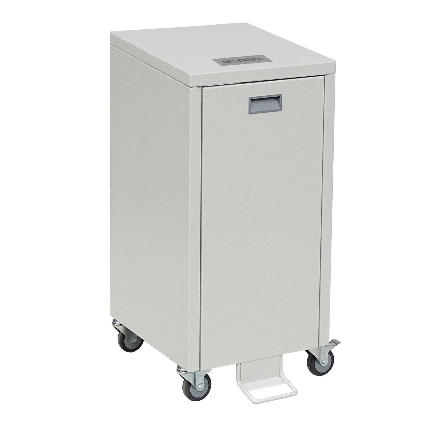 A Novocal Wertstoffschrank Serie 3000 Einfachsammler egy téglalap alakú, világosszürke acéltartály lábpedállal, elülső fogantyúval és négy görgővel. A tetején található egy kis téglalap alakú címke.