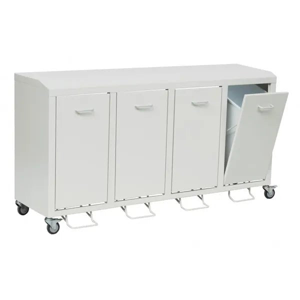 A Novocal 3000-as sorozatú újrahasznosító szekrény egy fehér, kerekekre szerelt acélszekrény, amely négy pedálos ajtóval rendelkezik. Egy nyitott ajtó szabaddá teszi a kilátást a tartályra, így egyszerűvé téve a hulladék szétválasztását. Márka: Novocal. Anyag: műanyag bevonatú acéllemez.