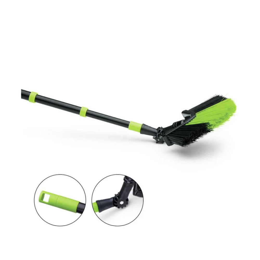 A Nölle Profi Brush háromszögseprű teleszkópos nyéllel 130-330 cm, szintetikus (1 darab) a Nölle Profi Brush kefe- és ecsettechnikától, ferde fejjel, állítható ízülettel és ergonomikus fekete és zöld fogantyúval rendelkezik.