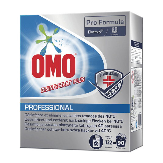 A kiállított termék egy csomag Omo Professional Disinfectant Plus fertőtlenítő mosószer (8550 g) a Diversey Deutschland GmbH & Co. OHG gyártmányában. A csomagolás kiemeli a termék hatékonyságát a makacs foltok eltávolításában 40 °C-on, és tartalmazza az Unilever és a Diversey logóit, valamint a használati utasítást.