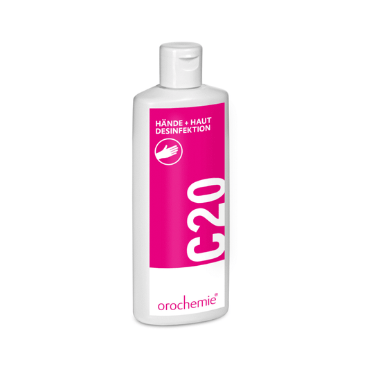 Eine weiße Flasche Orochemie C 20 Hände- & Hautdesinfektionsmittel mit einem leuchtend rosa Etikett mit dem Logo von Orochemie, konzipiert für Hygienezwecke.