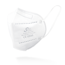 Die SolidSafety Filtrierende Halbmaske FFP2 NR von AMPri Handelsgesellschaft mbH ist weiß, mit Ohrschlaufen und Partikelschutz. Auf der Oberfläche stehen Marke, Zertifizierung und Sicherheitsstandards; sie liegt vor schlichtem Hintergrund.