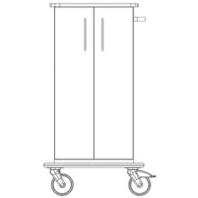 Schwarz-weiße Strichzeichnung eines Novocal Pflege- und Arbeitswagen Fahrgestells, Packung (1 Stück), mit zwei Türen, Griffen, flachem Ober- und Unterteil und großen detaillierten Vollkunststoffplattform-Rädern.