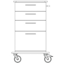 Schwarz-weiße Strichzeichnung des Novocal Pflege- und Arbeitswagens, der ein Vollkunststoffgestell mit drei Schubladen, einem großen Bodenfach, zwei großen Vorderrädern und zwei kleineren Hinterrädern aufweist. Marke: Novocal.