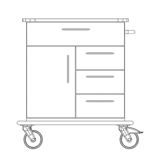 Schwarz-weiße Strichzeichnung eines Novocal Pflege- und Arbeitswagen Fahrgestells (Vollkunststoff), mit einer oberen Schublade, drei seitlichen Schubladen, einer Schranktür, großen Laufrollen und einem Griff auf der rechten Seite. Marke: Novocal.