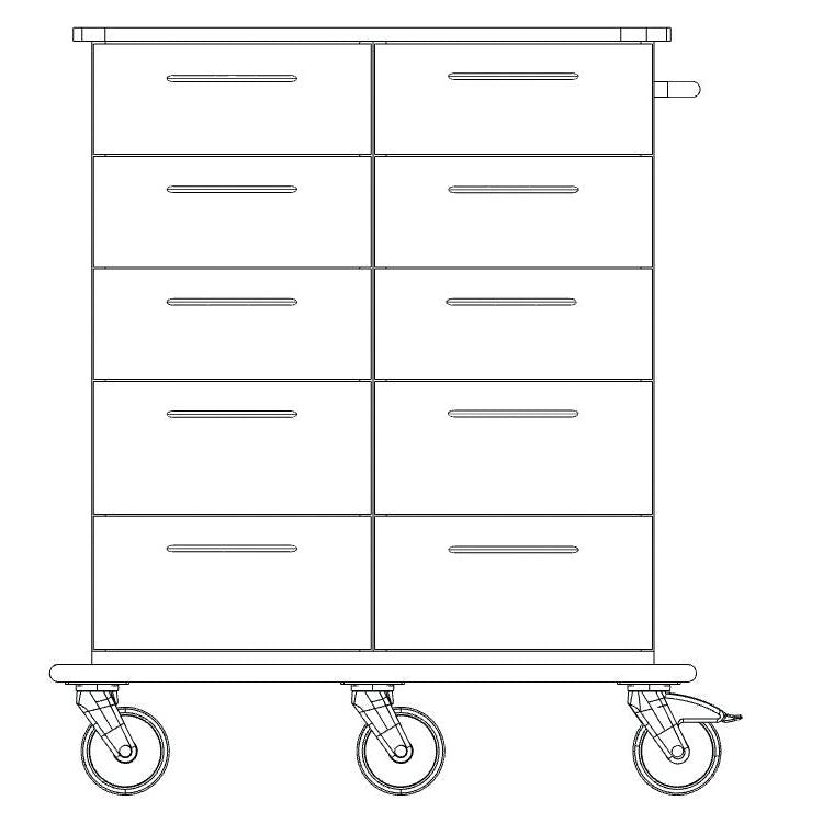 Elölnézeti vonalas rajz egy Novocal ápolási és munkakocsiról, amely nyolc fiókkal, lapos lappal, oldalsó fogantyúval és négy forgókerékkel rendelkezik egy folyamatos műanyag lemez szállítókereten. Márka: Novocal. Csomagolás: 1 darab.