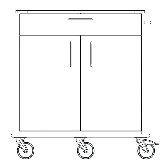 Schwarz-weiße Strichzeichnung des Novocal Pflege- und Arbeitswagens mit Vollkunststoffsockel, oberer Schublade, zwei unteren Türen, Griff an der rechten Seite und vier Lenkrollen (eine davon gebremst). Marke: Novocal. 1 Stück pro Packung.