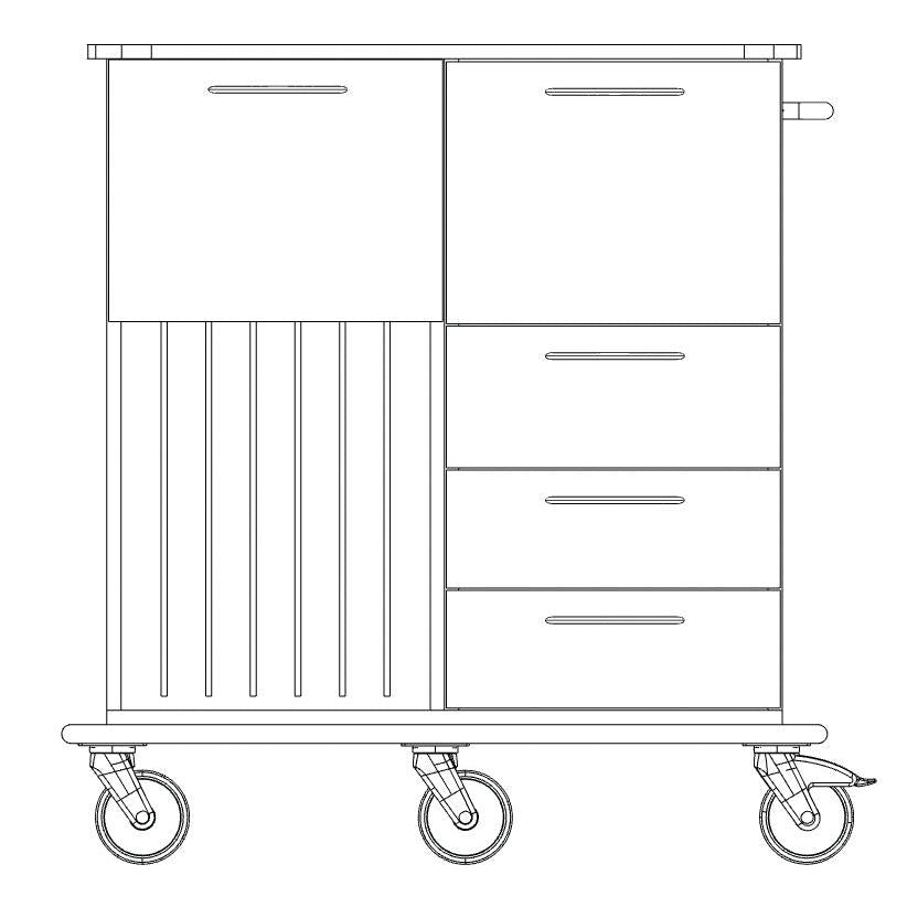 Fekete-fehér vonalrajz a Novocal ápolási és munka kocsiról: négy kerék, három jobb oldali fiók, bal oldali szekrény függőleges lamellákkal, tágas rekesz a munkaanyagok szállítására és egy fogantyú a jobb oldalon. Márka: Novocal.