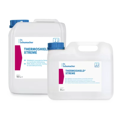 Zwei weiße Kunststoffbehälter von Dr. Schumacher THERMOSHIELD® XTREME by Dr. Schumacher GmbH, ein 10L- und ein 5L-Behälter, sind nebeneinander abgebildet, mit blauen Kappen und Etiketten, die den Produktnamen und Angaben zum Oberflächenschutz enthalten.