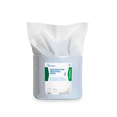 Egy lezárt csomag kék Dr. Schumacher DESCOSEPT PUR INDUSTRIAL WIPES a Dr. Schumacher GmbH-tól, egyszerű fehér háttér előtt ábrázolva, fehér és zöld felirattal, ideális gépek és szerszámok ápolására.