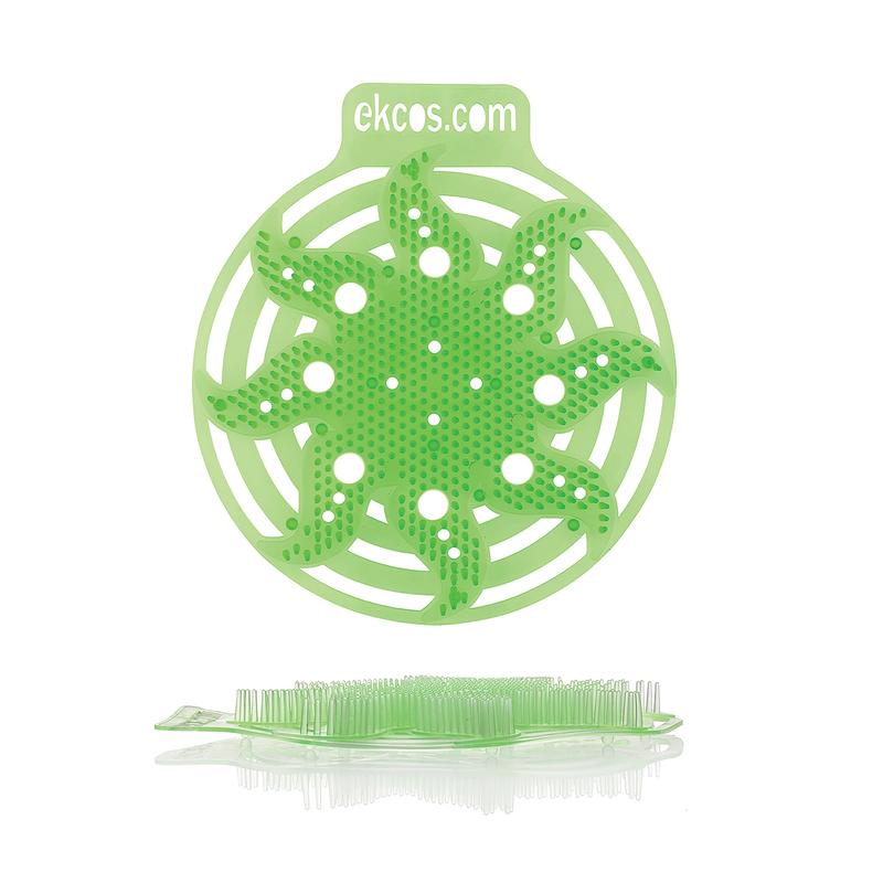 Egy zöld, kerek Ekcos Power Screen piszoárszőnyeg - 30+ nap a Diversey Deutschland GmbH & Co. OHG-tól, több lyukkal és levélhez hasonló kiemelkedésekkel, függőlegesen ábrázolva; felül az "ekcos.com" felirat található, amely kiemeli a hosszan tartó szagkontrollt akár 30 napig.