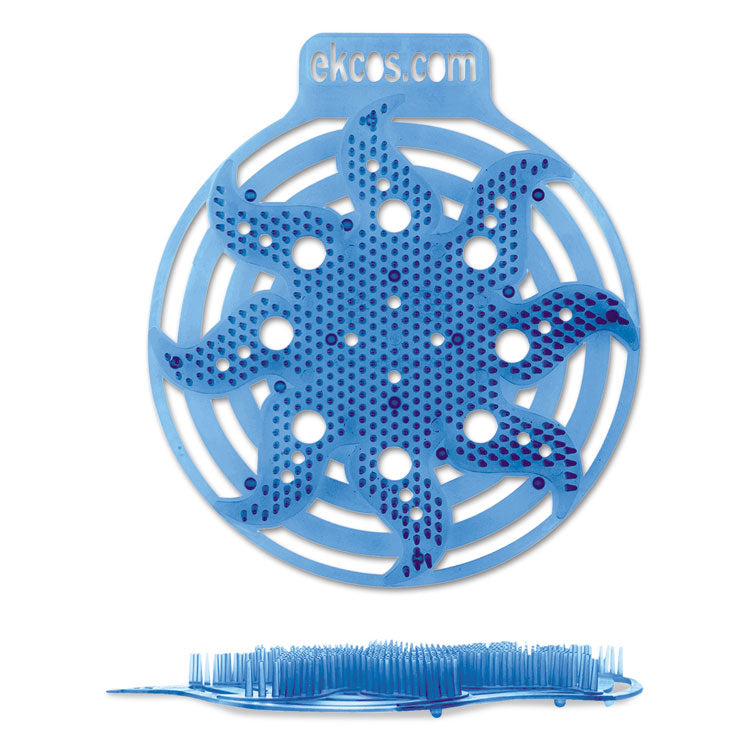 Az Ekcos Power Screen piszoárszőnyeg - 30+ nap a Diversey Deutschland GmbH & Co. OHG-tól egy kék, kerek szőnyeg lyukakkal és kiemelkedő sörtékkel a tartós szagkontroll érdekében, amely naphoz hasonló dizájnnal és "ekcos.com" felirattal van ellátva.