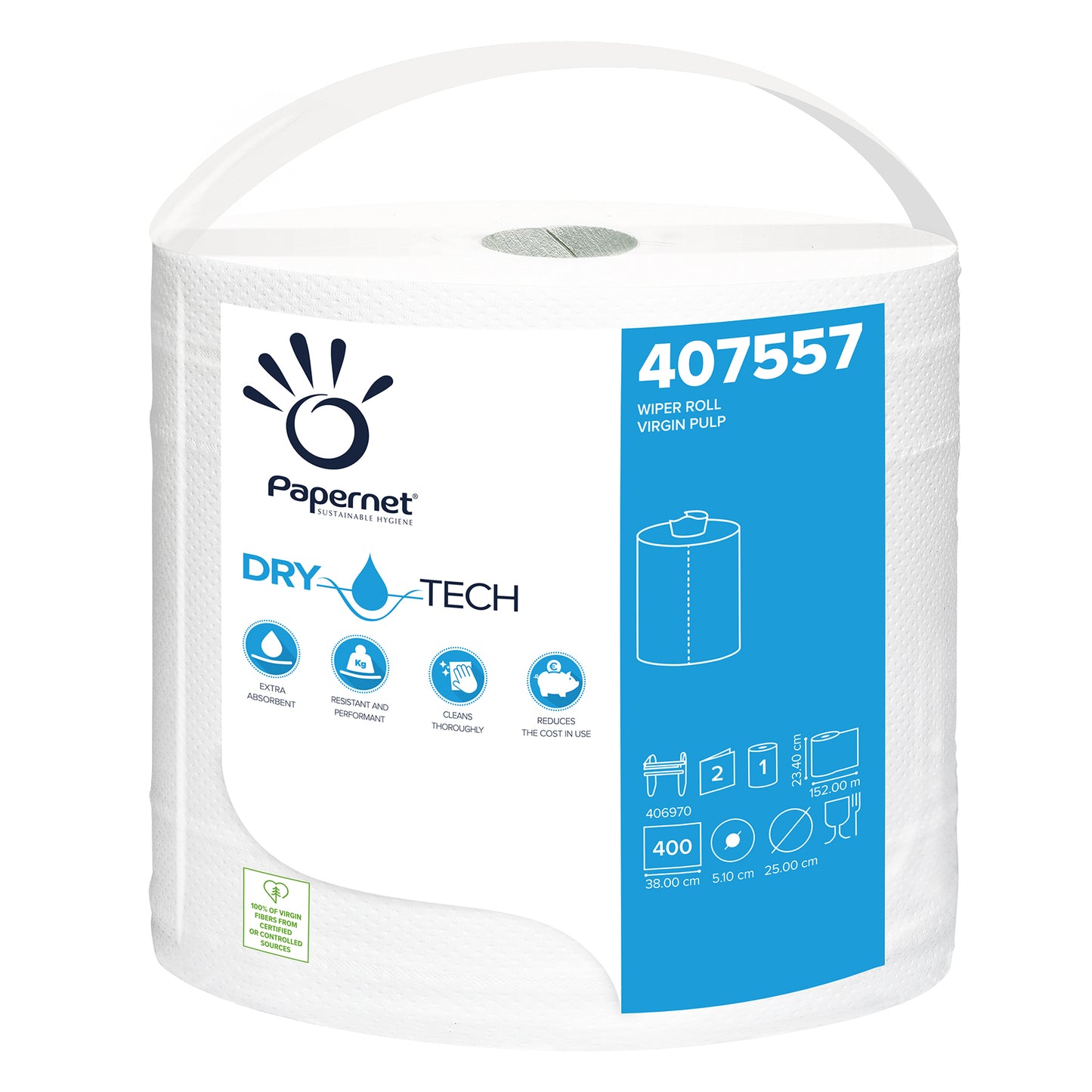 A Sofidel Germany GmbH Papernet ipari papírtekercse, a 407557, a csomagoláson található „Dry Tech technológiával” tűnik ki. Újrahasznosítási szimbólumokkal van ellátva, és 400 lapot tartalmaz, ami hatékonyságot és fenntarthatóságot biztosít. A fehér tekercs mérete 380 cm x 51,0 cm x 25,0 cm, így ideális választás ipari felhasználásra.