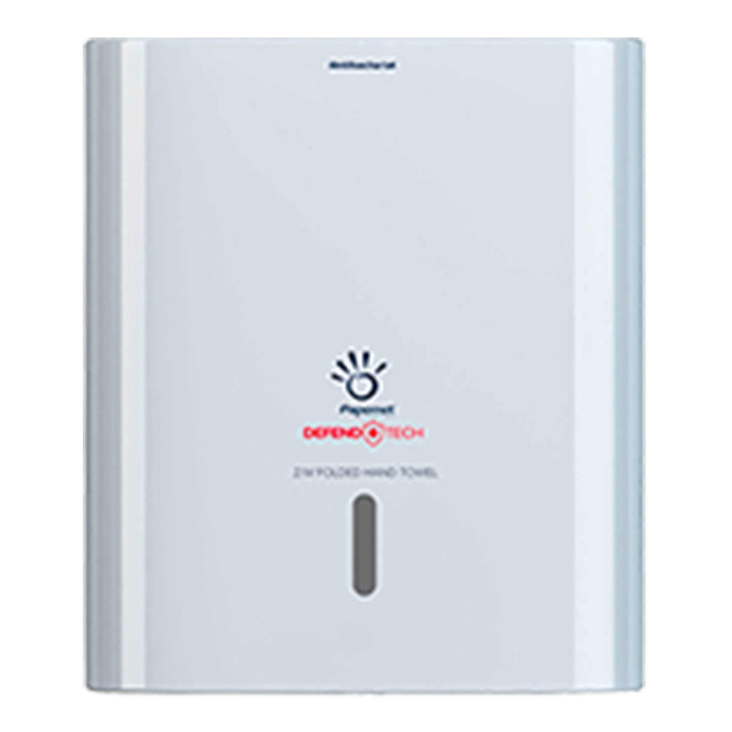 Egy fényes, fehér papírtörlő-adagoló, amely a Sofidel Germany GmbH márkanévvel és a piros „DEFEND TECH Z-Folded Hand Towel” felirattal van ellátva egy kéznyom-logó mellett. A DEFEND TECH technológia kialakítása függőleges, áttetsző nyílással rendelkezik a papírtörlő állapotának egyszerű ellenőrzéséhez, és ezért tökéletesen alkalmas Papernet hajtogatott törlőkendőkhöz. Terméknév: Papernet Antibakteriális adagoló Z/W-hajtogatott törlőkendőkhöz Defend Tech technológiával | Karton (1 csomag).