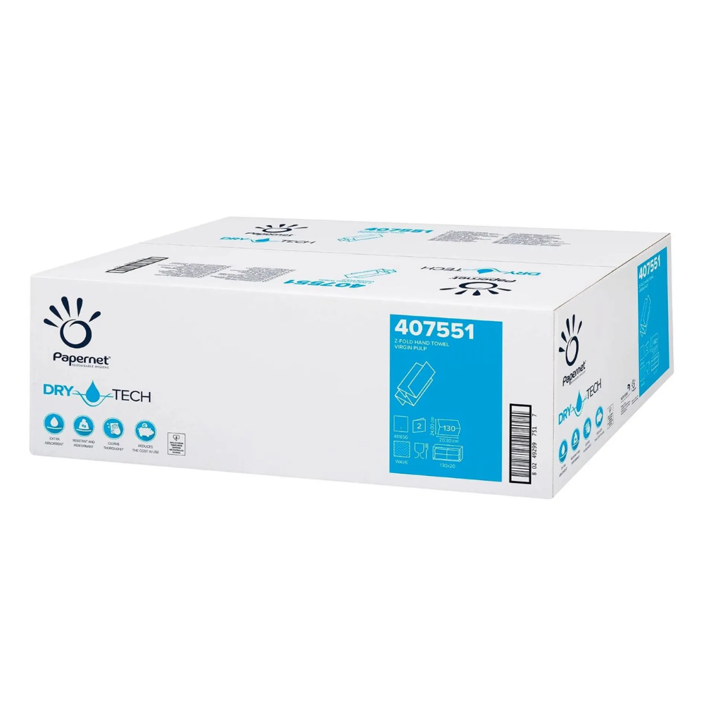 Egy doboz Sofidel Germany GmbH márkájú kendőkkel Z-hajtású kivitelben, a „Falthandtücher 407551 mit Dry Tech“ felirattal. A fehér doboz kék-fekete szöveggel lezárt, és ipari alkalmazásokra vonatkozó szimbólumokat és kezelési útmutatókat mutat.