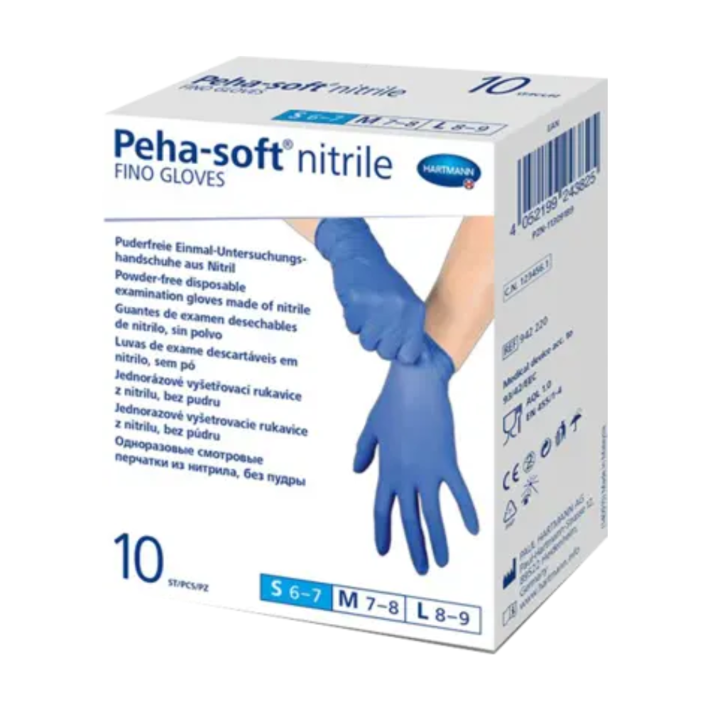 Egy doboz latexfelmentes Peha-soft® nitrile fino egyszer használatos kesztyű a Paul Hartmann AG-től. A doboz többnyelvű felirattal van ellátva, és felhívja a figyelmet a kesztyűk púdermentességére és egyszer használatos jellegére orvosi célokra.