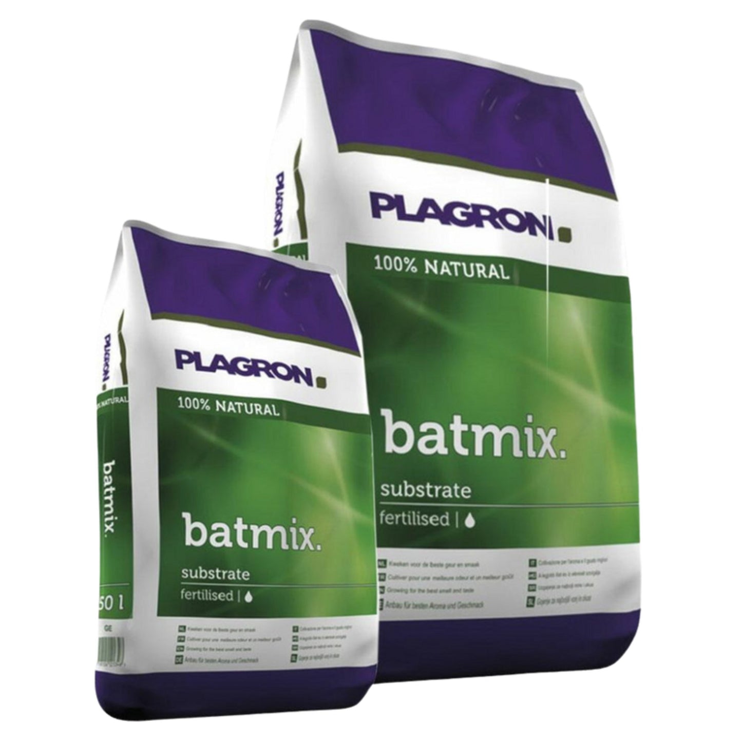 Két zacskó Plagron Batmix a Bertels B.V.-től zöld és lila csomagolásban mutatja a Batmix logót, 100% természetesnek van jelölve, és különböző méretben kapható, részletes információkkal a csomagoláson, tőzegfajtákkal trágyázva a jobb növénynövekedés érdekében.