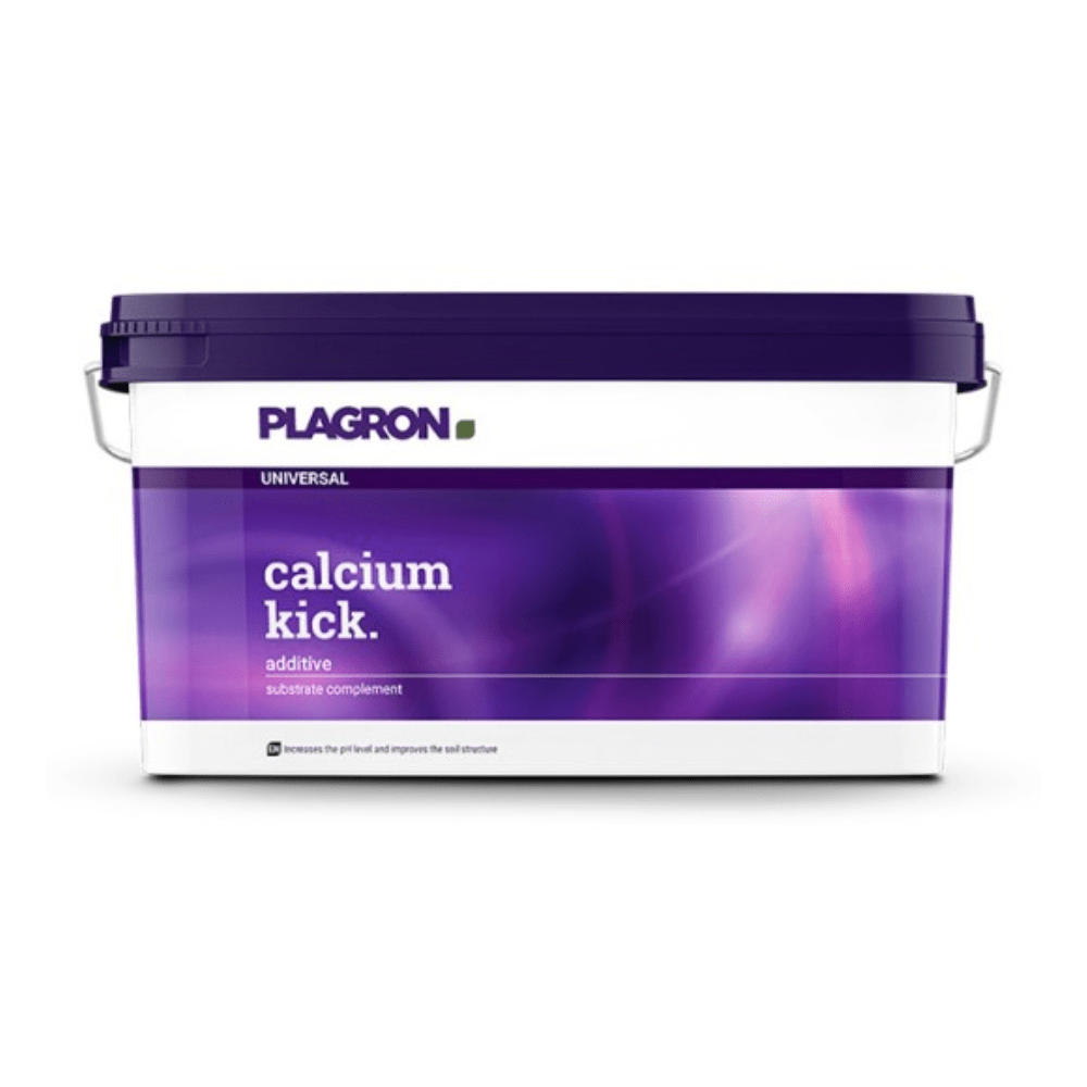 A Bertels B.V. gyártmányú, „Plagron Calcium Kick” felirattal ellátott, téglalap alakú, 10 kg-os műanyag tartály lila fedéllel és színátmenetes fogantyúval rendelkezik; ez az ásványi talajjavító javítja a talaj szerkezetét és pH-szabályozóként is működik.