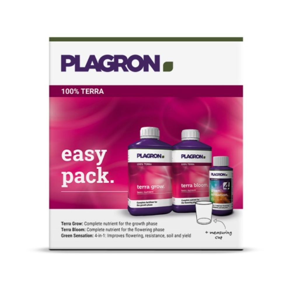 A Plagron Easy Pack Terra a Bertels B.V.-től 100%-ban ásványi alapú műtrágyát tartalmaz a „Terra Grow”, „Terra Bloom” és „Green Sensation” palackokban. Egy mérőpohár is a csomag része, amely ígéri a jobb virágzást, ellenálló képességet, talajegészséget és hozamnövekedést.