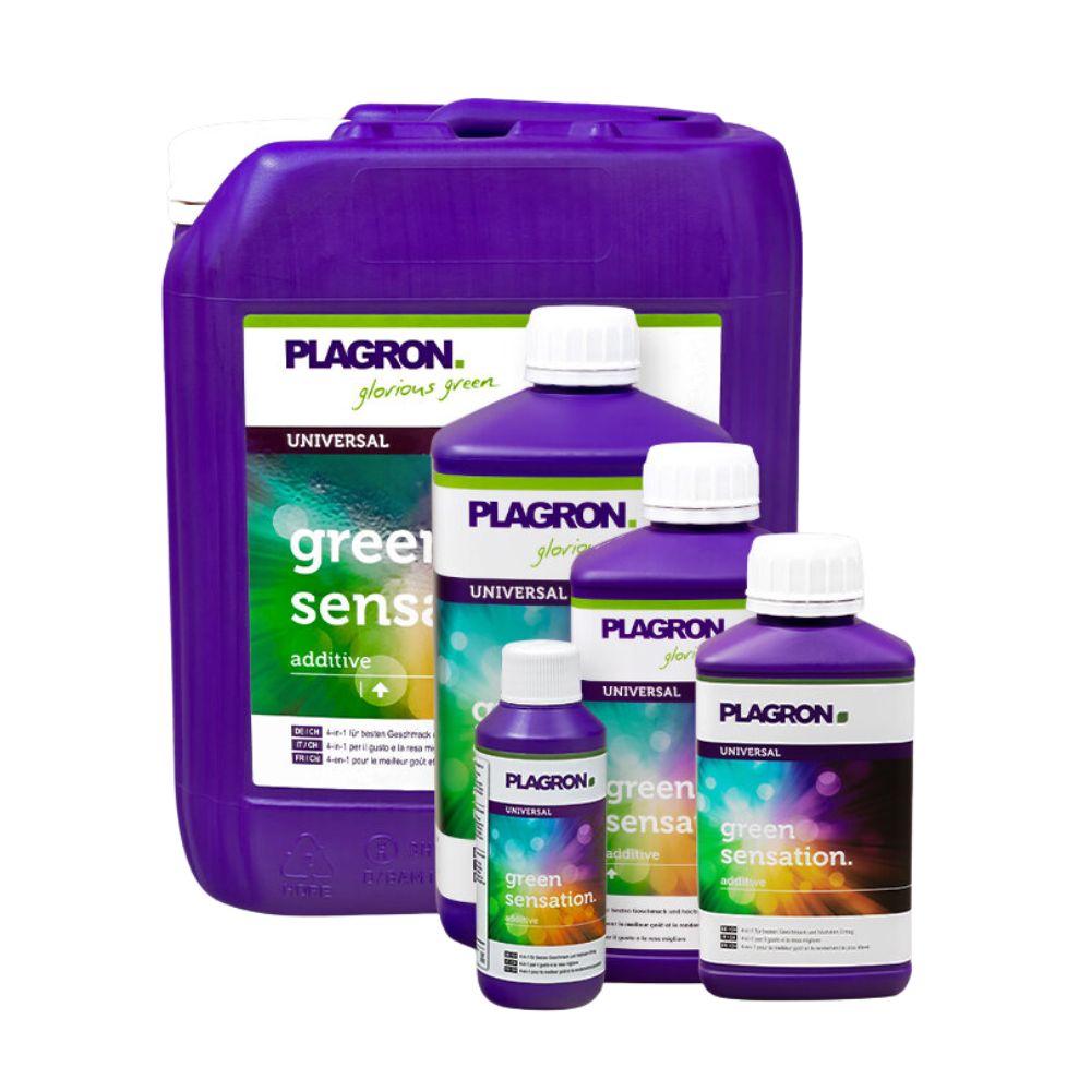 Öt Plagron Green Sensation-palack a Bertels B.V.-től különböző méretekben növeli a növények minőségét. A lila palackok fehér kupakkal és zöld-fehér címkékkel javítják a termés minőségét, a legnagyobb hátul található.