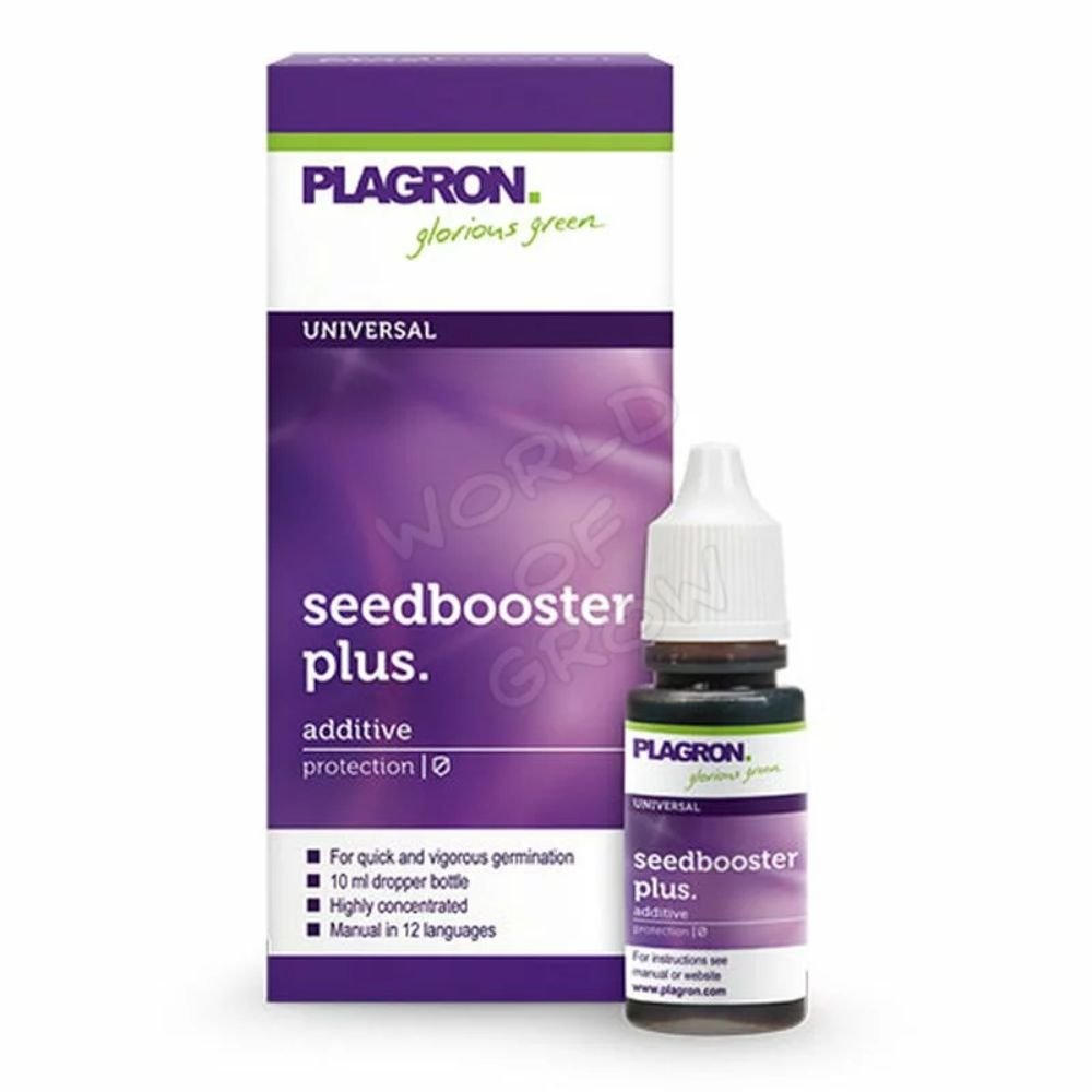 A képen egy Bertels B.V. által gyártott Plagron Seedbooster Plus 10ml-es üveg látható a lila-fehér csomagolása mellett. Ez a fontos adalékanyag elősegíti a fiatal növények gyors csírázását. A csomagolás 12 nyelvű útmutatót tartalmaz.