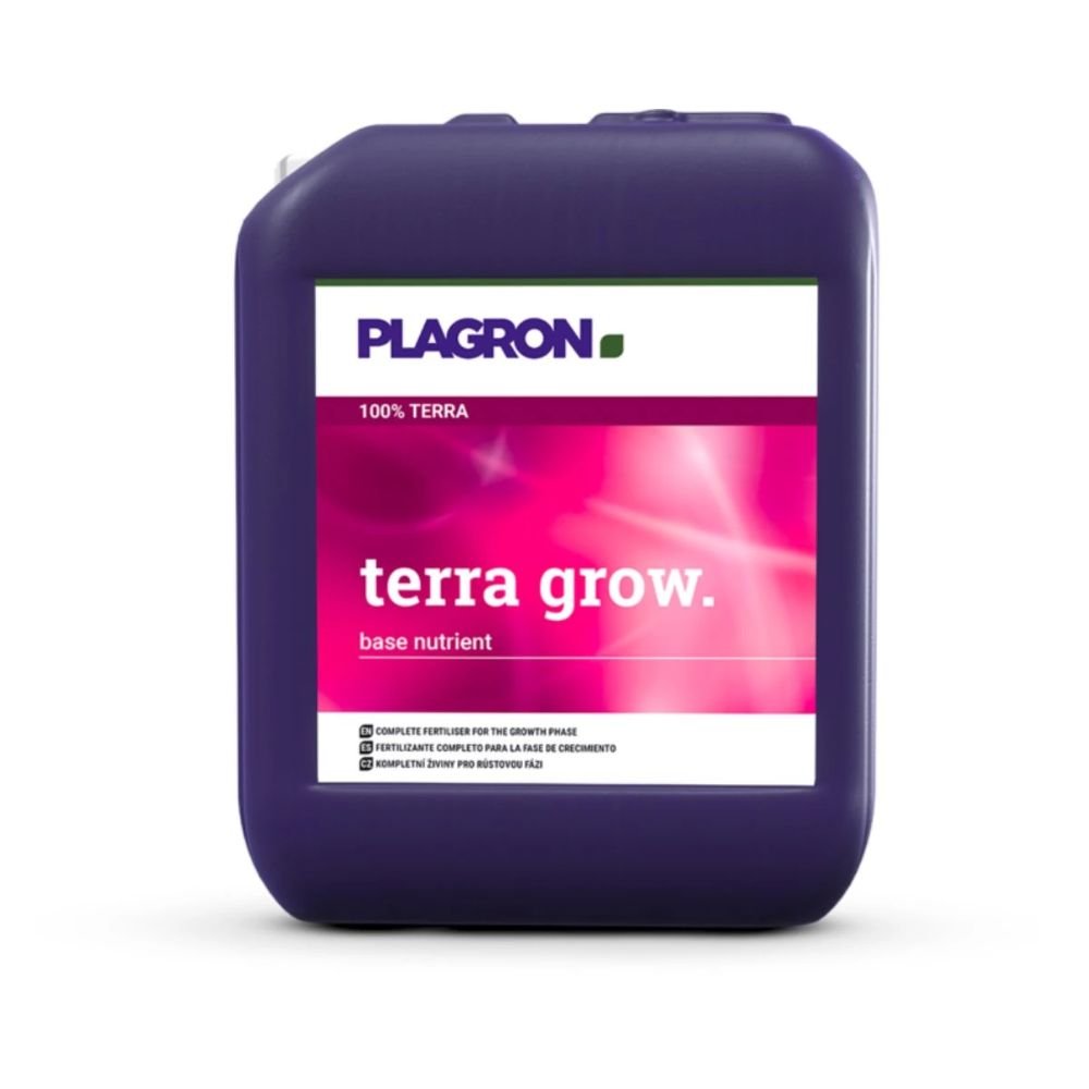 A Plagron Terra Grow a Bertels B.V.-től egy nagy, sötétlila tartály a növekedési fázisra, fehér címkével, rózsaszín és zöld akcentusokkal. A tartály alján kis betűméretű utasítások találhatók, és praktikus fogantyúval rendelkezik a tetején.