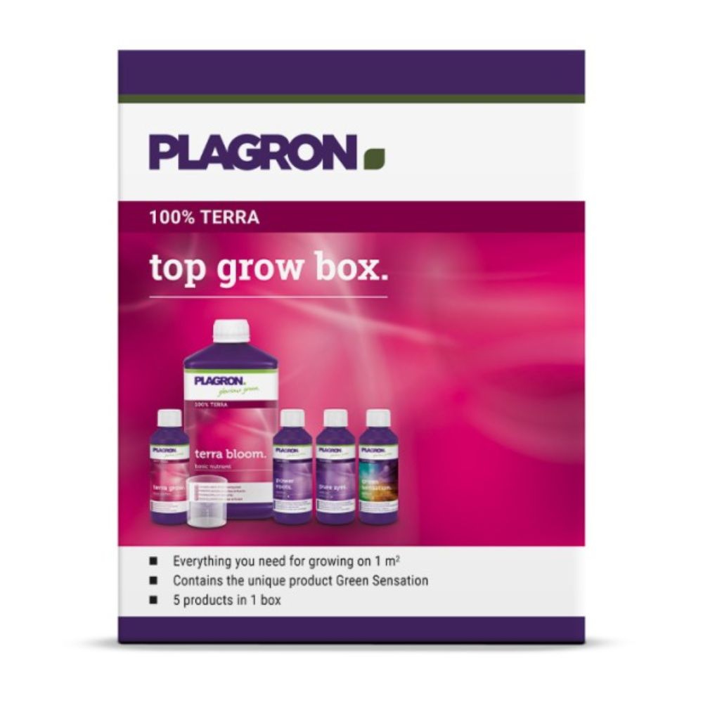 A „Plagron Top Grow Box 100% Terra - Anbauset für Erde | 1 Stück“ a Bertels B.V.-től olyan üvegeket tartalmaz, mint a „Terra Bloom“ és a „Terra Grow“. A doboz lila és rózsaszín színekben van megtervezve, és egy szöveg van rajta, amely leírja a tulajdonságait és tartalmát.