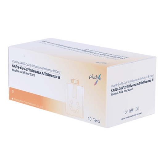 Egy doboz Pluslife SARS-CoV-2 / Influenza A / Influenza B tesztkészlet (10 teszt) nukleinsav-tesztekhez 10 tesztet tartalmaz.