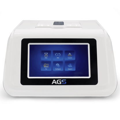 Egy Altruan márkájú PCR Pure Kit laboratóriumi eszköz nagy digitális érintőképernyővel, amelyen ikonok találhatók a DNS, RNS, fájl, konfigurálás és támogatás számára, fehér burkolatba zárva.