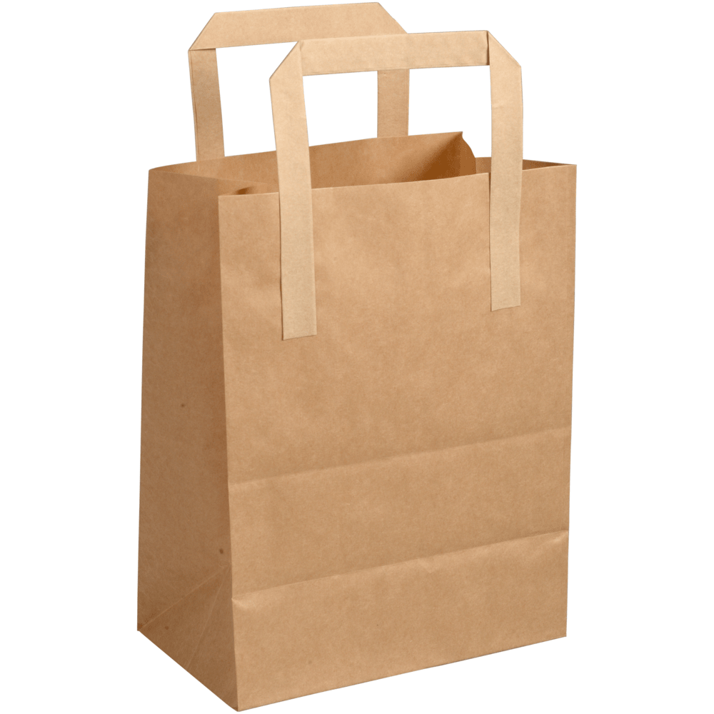 A füllel ellátott barna papírtáska, az Abena Re-Seller GmbH-tól, fehér háttér előtt áll. Az újrahasznosítható, környezetbarát táska üres, és szépen összehajtogatott oldalai vannak.