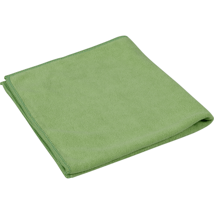 Egy összehajtott zöld ENA Soft mikroszálas kendő, 40x40 cm az Abena Re-Seller GmbH-tól autóápoláshoz fehér háttéren van ábrázolva.
