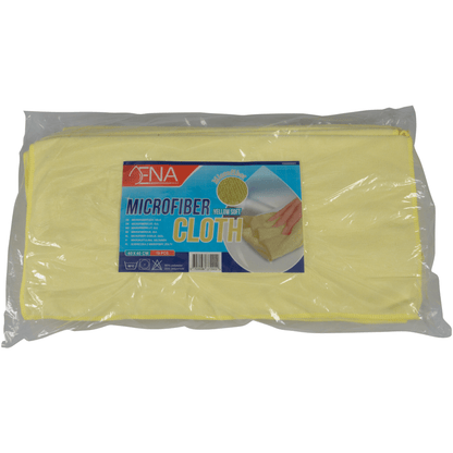 Az Abena Re-Seller GmbH ENA Soft mikroszálas kendője (40x40 cm) átlátszó csomagolásban érkezik termékinformációval és egy kézzel, amely a sárga mikroszálas kendőt autóápoláshoz használja, így ez a tisztítókendő látható és hozzáférhető.