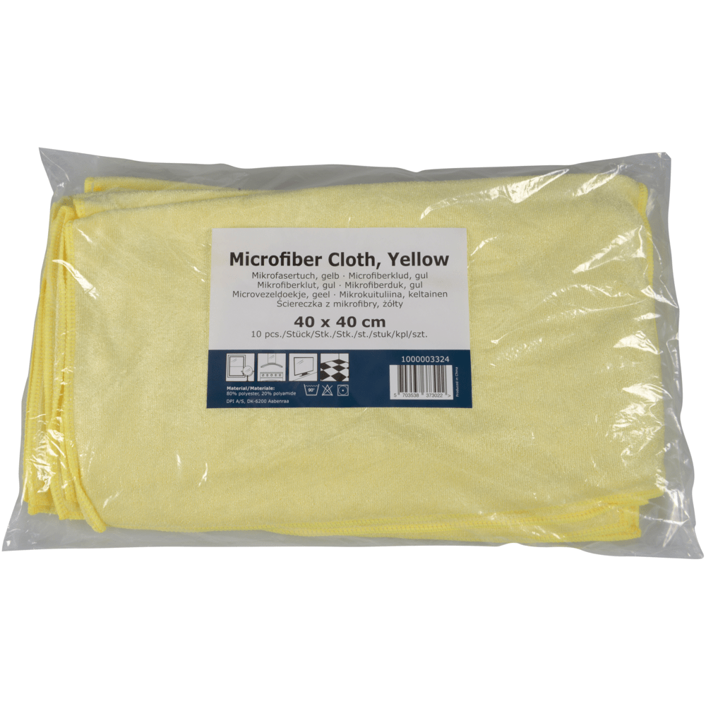 Egy csomag 10 Abena Re-Seller GmbH mikroszálas Shiny-Stretch kendővel, mindegyik 40x40 cm-es, részletes termékinformációkat és többnyelvű használati útmutatót tartalmazó címkével érkezik.