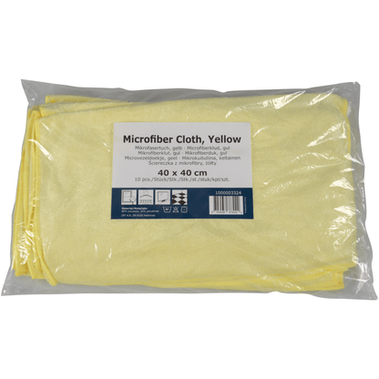 Egy csomag 10 Abena Re-Seller GmbH mikroszálas Shiny-Stretch kendővel, mindegyik 40x40 cm-es, részletes termékinformációkat és többnyelvű használati útmutatót tartalmazó címkével érkezik.