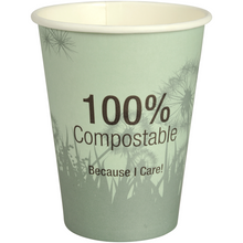 Der Kaffeebecher Kompostierbar "Dandelion" von Abena Re-Seller GmbH ist ein grüner Becher mit dem Aufdruck "100% Compostable Because I Care!" und einem dezenten Löwenzahnmotiv im Hintergrund.