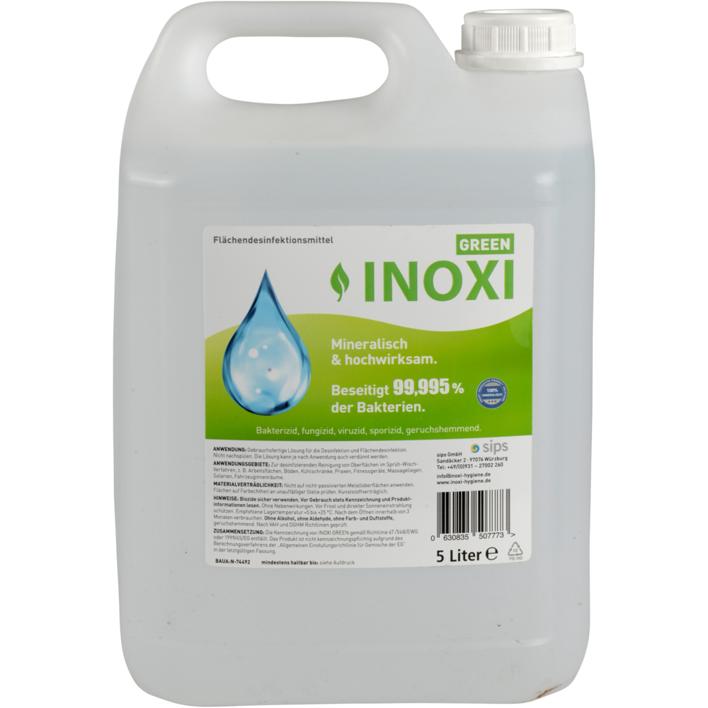Ein 5-Liter-Behälter aus transparentem Kunststoff mit weißem Deckel, beschriftet mit "Inoxi Green" von Abena Re-Seller GmbH. Auf dem grün-weißen Etikett steht, dass es sich um ein mineralisches Flächendesinfektionsmittel handelt, das 99,995 % der Bakterien abtötet.