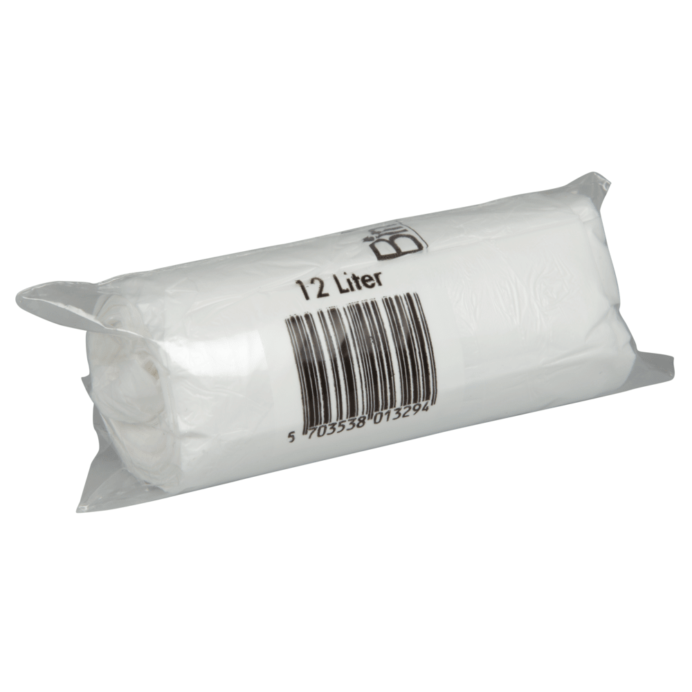 Egy tekercs Abena Re-Seller GmbH Bin Line zacskó 12 L, 400x570 mm, 10 my fehér LLDPE (20 zacskó) átlátszó csomagolásban, "12 L" felirattal és vonalkóddal a csomagoláson kerül kiszállításra.