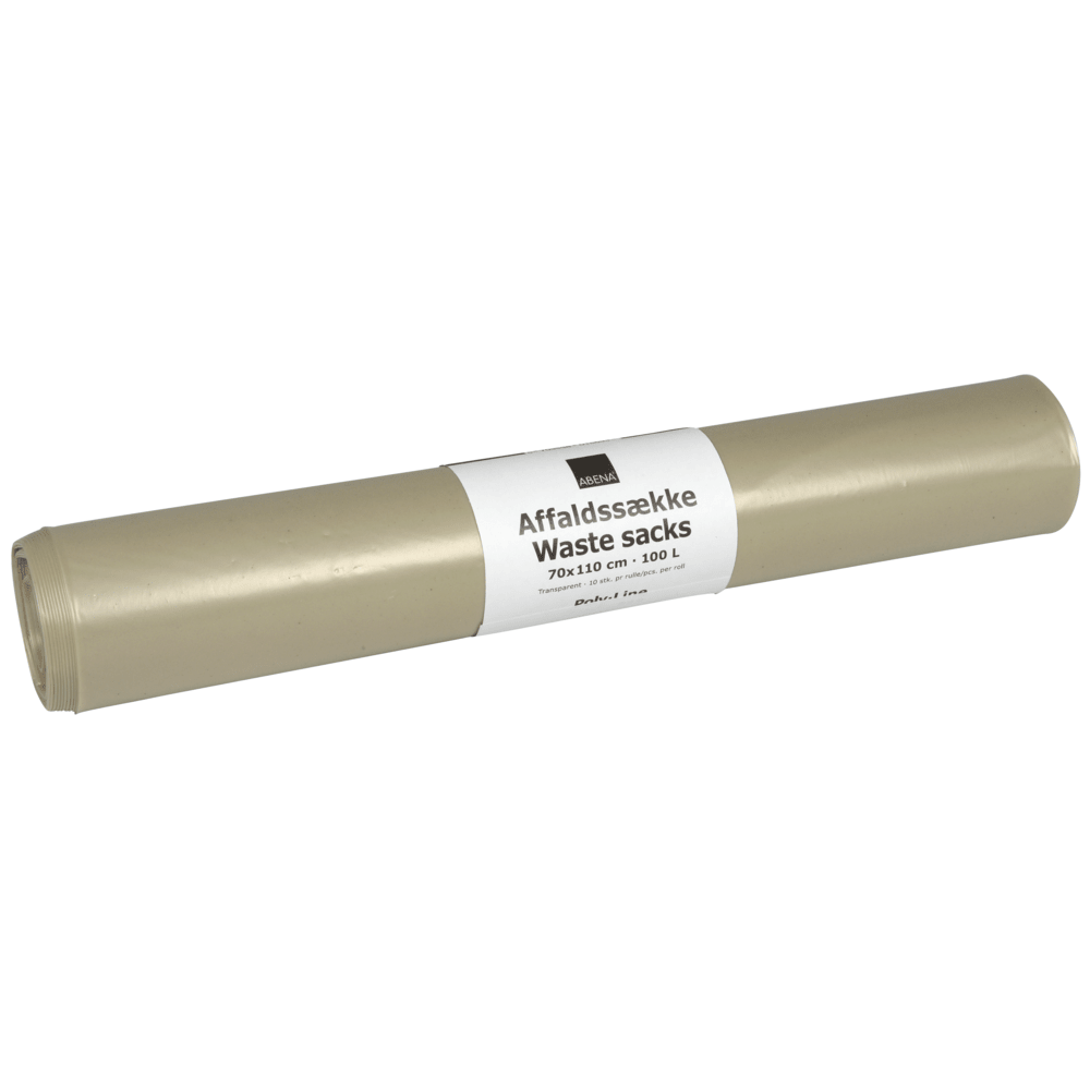Egy tekercs átlátszó Abena Re-Seller GmbH szemeteszsák, 120 literes űrtartalommal, 700x1100 mm méretben, 55 my LDPE-ből készült; 10 zsákot tartalmaz tekercsenként.