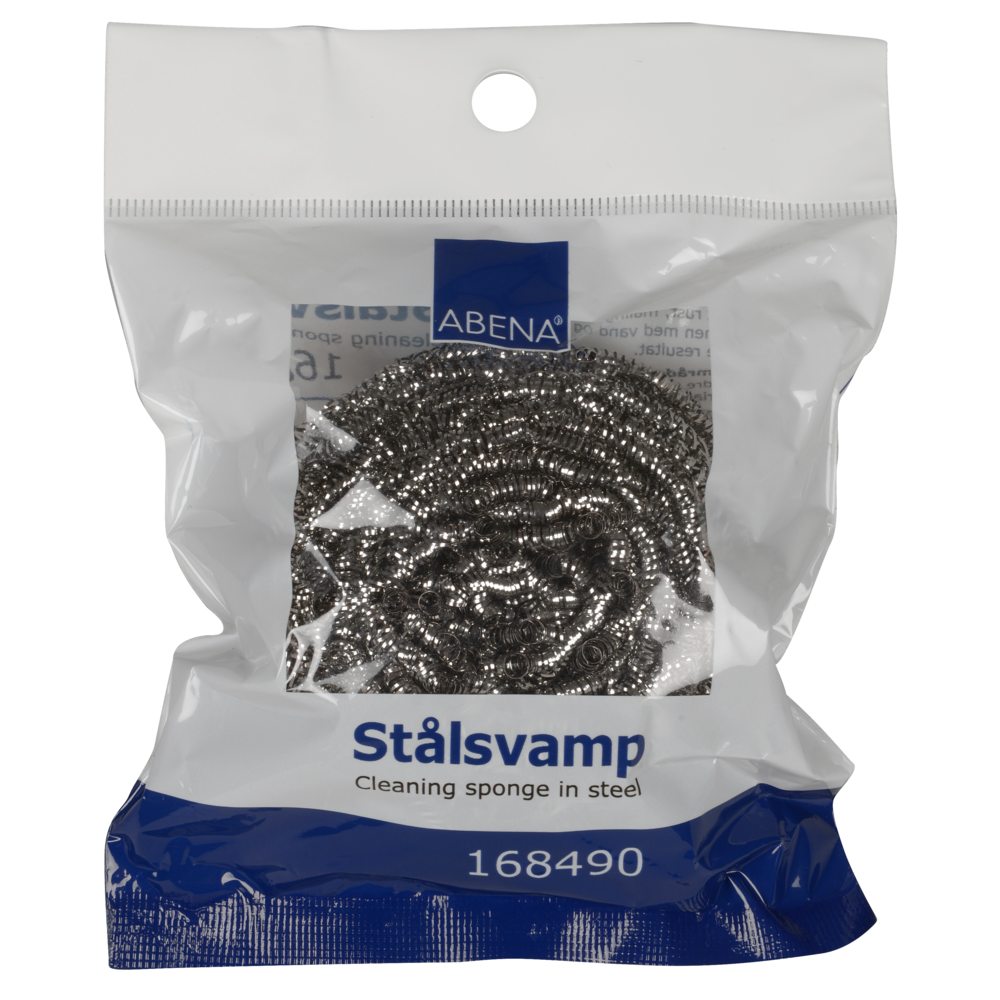 A 40g Edelstahlspirale (Packung mit 10 Stück), Produktnummer 168490, von Abena Re-Seller GmbH. Die klare blaue Verpackung trägt oben das Markenlogo und wirbt mit rostbeständigem Material zur Küchenreinigung.