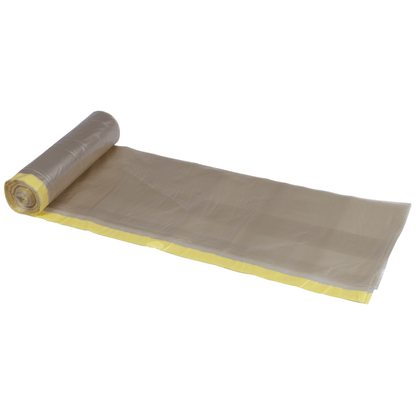 Egy részben letekert Abena Re-Seller GmbH szemeteszsák tekercs 120 L, átlátszó, sárga zsinórral (700x1010mm, 55 my), 10 zsák tekercsenként, fehér háttéren ábrázolva.