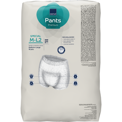 Egy csomag ABENA Pants Special Premium az Abena Re-Seller GmbH-tól, közepes méretben, 18 darab. A csomagolás bemutatja a termék részleteit, a nadrág képét és az inkontinencia ellátás bőregyensúlyának információit felnőttek számára.