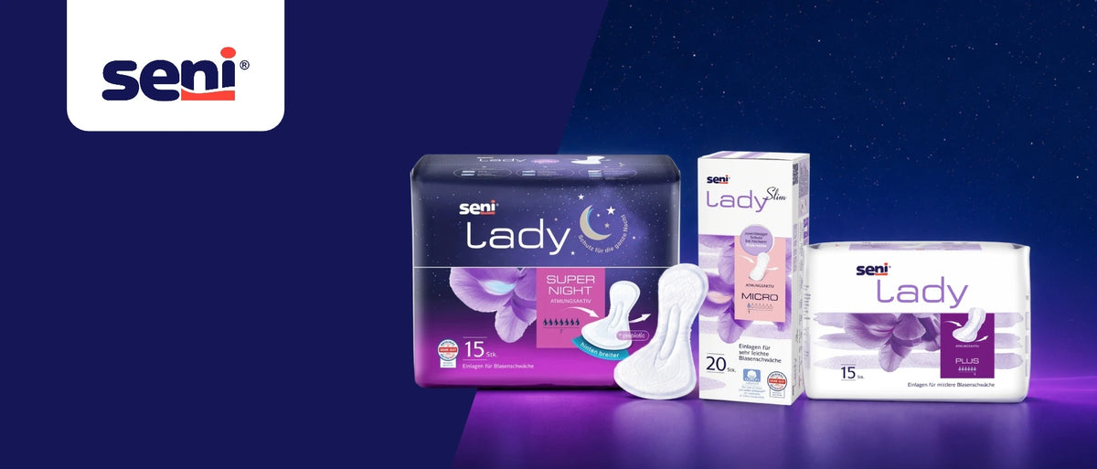 Seni Lady Produktbanner mit verschiedenen Inkontinenzeinlagen in mehreren Saugstärken vor dunkelblau-violettem Hintergrund.