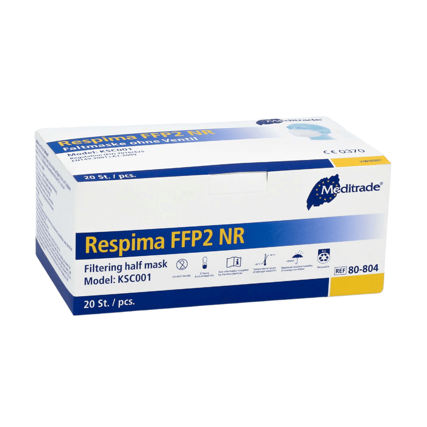 Egy doboz Meditrade Respima FFP2 légzésvédő maszk egyszerű háttér előtt van bemutatva. A kék részletekkel ellátott fehér doboz mutatja, hogy 100 darabot tartalmaz, és a felső jobb sarokban kiemelten viseli a Meditrade GmbH márkanevet, amely ismert a személyi védőfelszereléseiről.