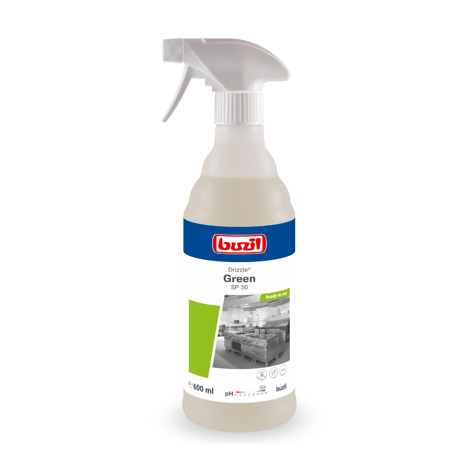 Egy 600 ml-es Drizzle® Green olaj- és zsíroldó szóróflakon színtelen - világossárga, a BUZIL-WERK Wagner GmbH & Co. KG-tól, szürke szórófejjel és konyhai képpel ellátott címkével, terméknévvel és használati útmutatóval.