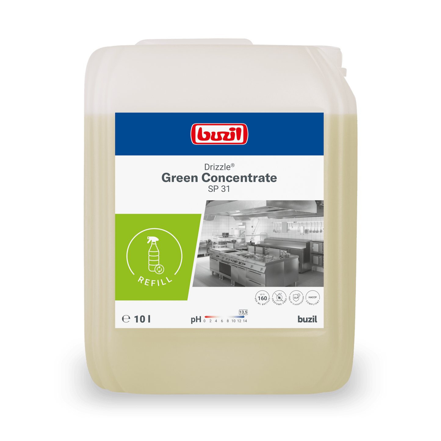 Egy 10 literes BUZIL-WERK Drizzle® Green Concentrate olaj- és zsírlemosó színtelen-halványsárga, termékinformációs címkével, utántöltési szimbólummal és egy monokróm nagykonyhai képpel.