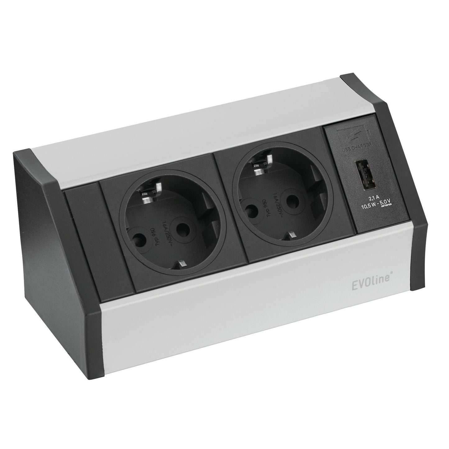 Der Novocal Smart Power Outlet Allrounder verfügt über zwei geerdete europäische Steckdosen, einen USB-Ladeanschluss und ein silber-schwarzes Design mit dem Schriftzug "EVOline" auf der rechten unteren Vorderseite. Inklusive H05-Kabel; 1 Stück pro Packung.