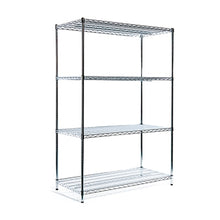 Das Novocal Standregal Grundeinheit, hergestellt aus vernickeltem und hochglanzverchromtem Präzisionsstahl mit 4 Eckp, ist ein Metallregal mit vier verstellbaren Böden, die auf einem schlichten weißen Hintergrund abgebildet sind.