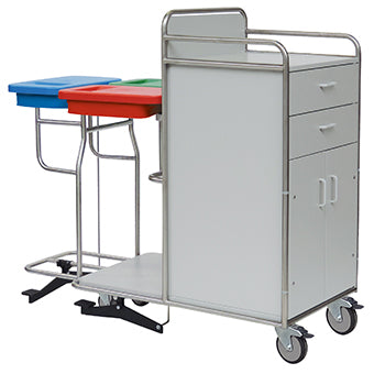 Der Novocal Stationswagen verfügt über einen Edelstahlrahmen mit vollverschweißten Rundrohrverbindungen, zwei Abfalleimer mit Fußpedal (roter und grüner Deckel), Schubladen, einen Schrank und Räder - ideal für jede medizinische Einrichtung. Packung: 1 Stück.