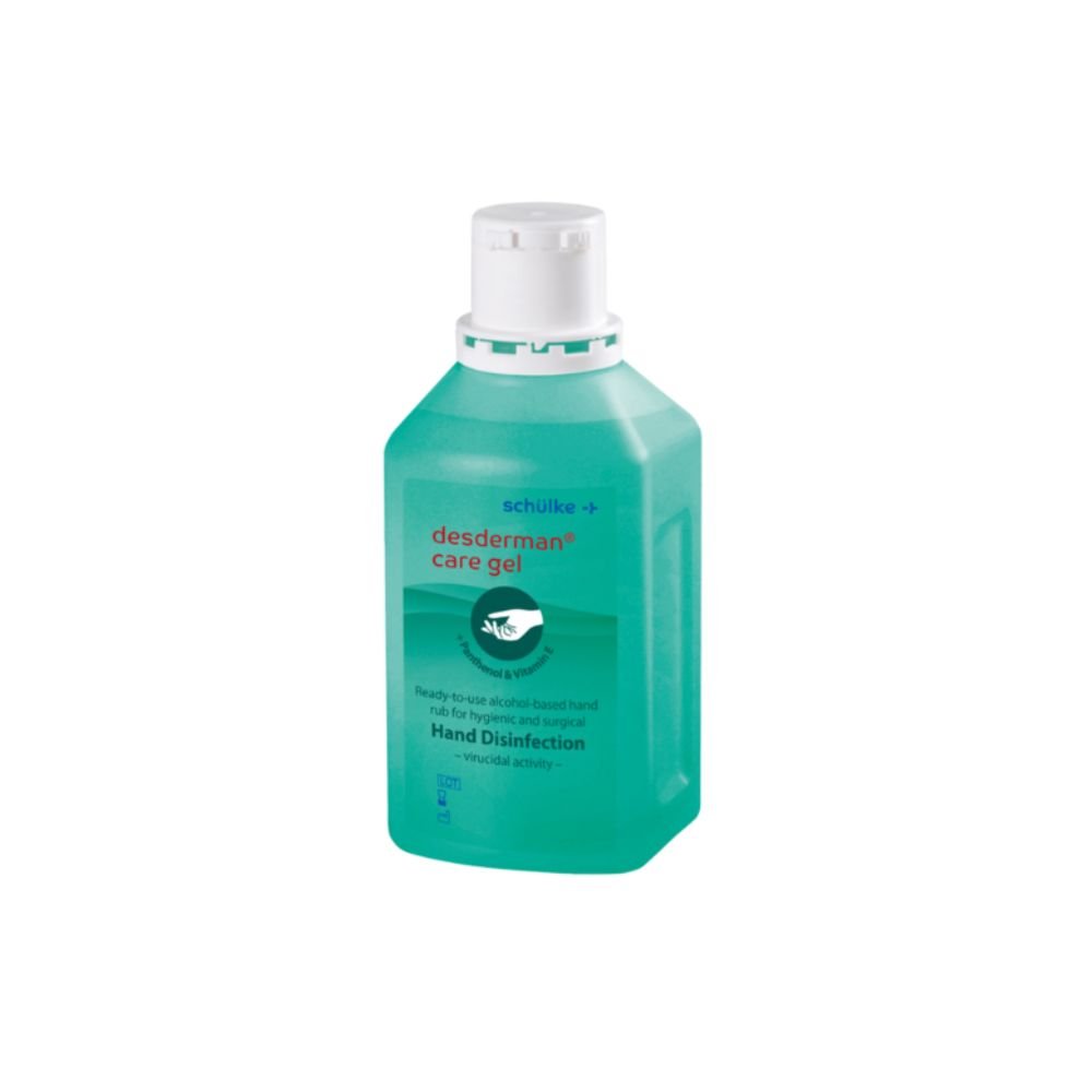 Egy 500 ml-es átlátszó Schülke desderman® Pflegegel palack, zöld címkével és pattintható kupakkal a Schülke & Mayr GmbH-tól, higiénikus és sebészeti kézfertőtlenítést biztosít.